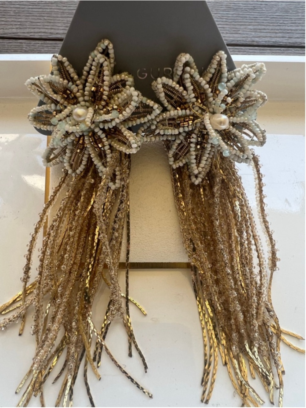 NWT Deepa Gurnani Gold & White Beaded Fringe Earrings - Picture 3 of 4